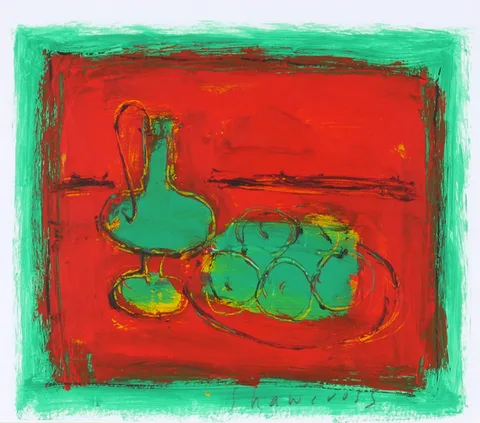 STILL LIFE WITH OIL LAMP AND FRUIT by Neil Shawcross, oil on paper, sold Dec 2016