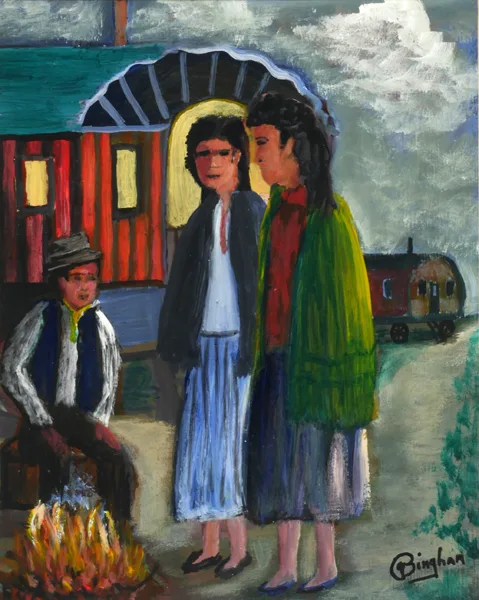 THE CAMPFIRE by James Bingham, oil on board, offered Dec 2016