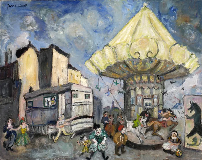 Janet Clerk, FAIRGROUND SCENE WITH CAROUSEL, oil on canvas; (unframed)