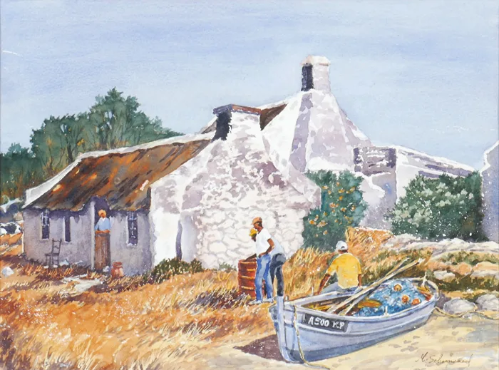M. Schoonraad, FISHERMEN'S COTTAGES, ARNISTON, CAPE, SOUTH AFRICA and SWELLENDAM COTTAGE, CAPE, SOUTH AFRICA (A PAIR), watercolour; (2)