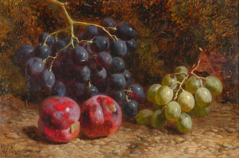 William Hughes, STILL LIFE WITH NECTARINES AND GRAPES, 1874, oil on canvas