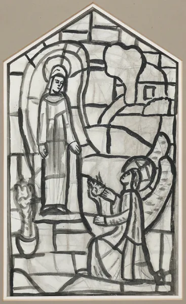 THE ANNUNCIATION, [STUDY FOR STAINED GLASS WINDOW AT CHURCH OF THE IMMACULATE CONCEPTION, KINGSCOURT, COUNTY CAVAN] c.1946 by Evie Hone, gouache over pencil; (pentagonal), offered Oct 2016