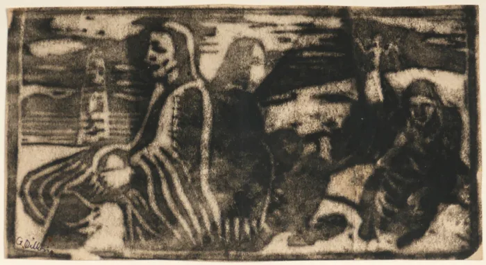 FIGURES WITH ROUND TOWER by Gerard Dillon, monoprint, offered Oct 2016