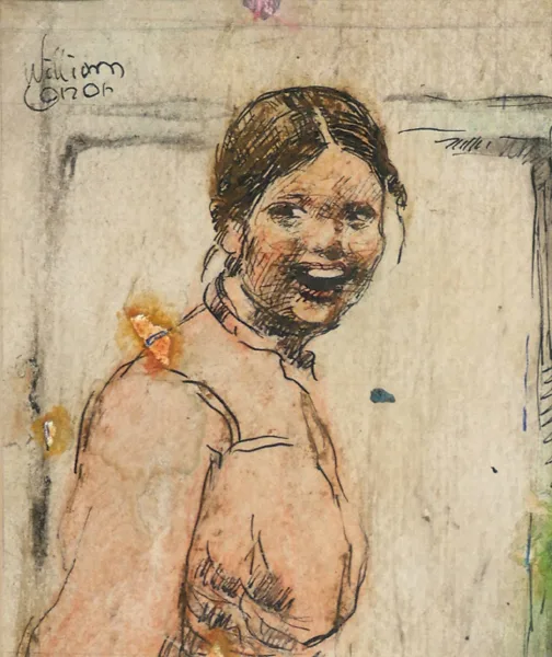 LAUGHING GIRL by William Conor, ink and watercolour, sold Oct 2016