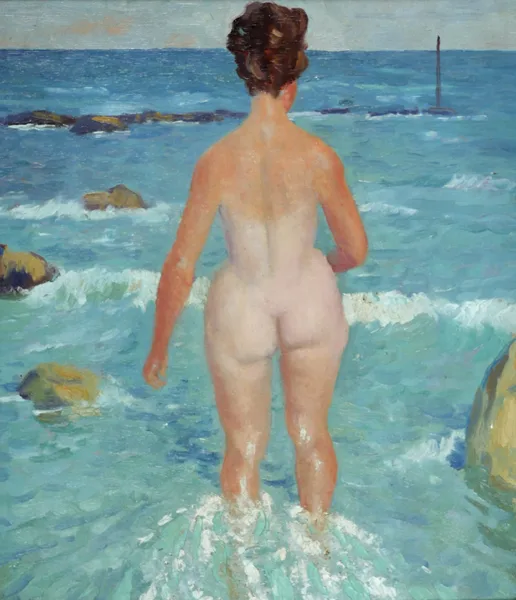 NUDE BATHER by Patrick Leonard, oil on board, offered Oct 2016