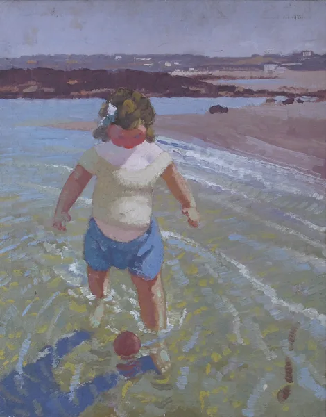 CHILD WITH BALL ON BEACH by Patrick Leonard, oil on canvas, sold Oct 2016