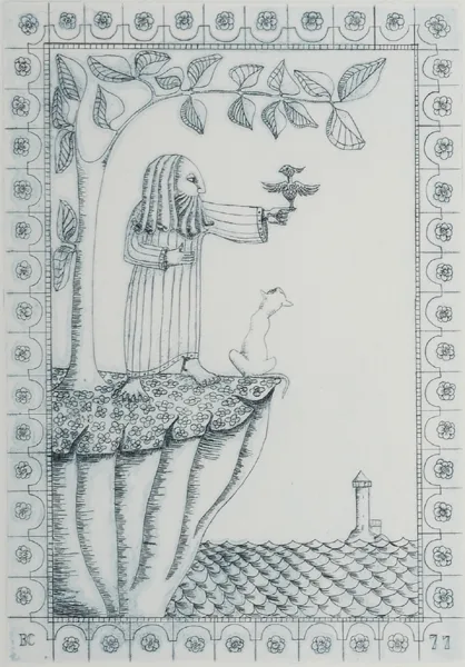 Barry Castle, UNTITLED [FIGURE WITH BIRD AND CAT] 1977, etching; (no. 24 from an edition of 45)