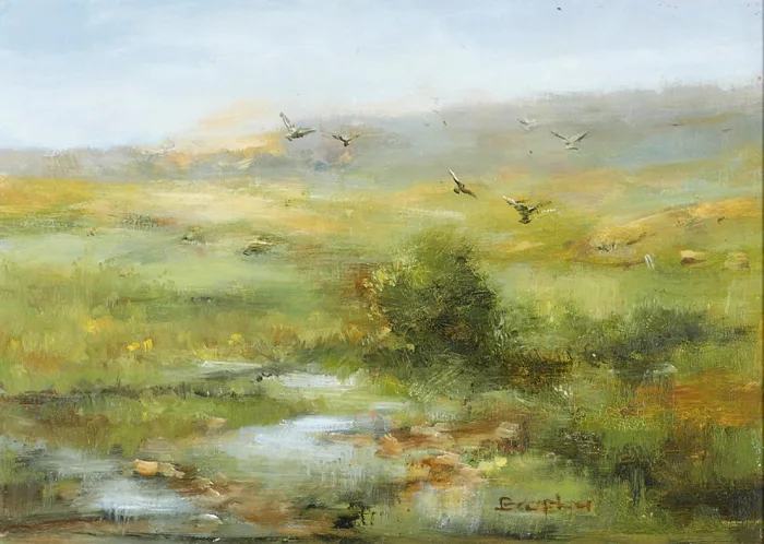 LANDSCAPE WITH BIRDS by Elizabeth Brophy, oil on board, sold Oct 2016
