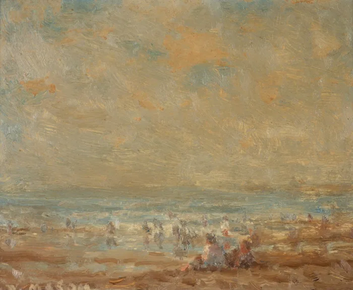 BEACH SCENE by William Mason, oil on board, offered Oct 2016