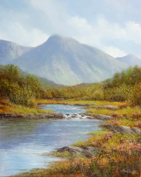 MOUNTAIN AND STREAM by Gerry Marjoram, oil on board, offered Oct 2016