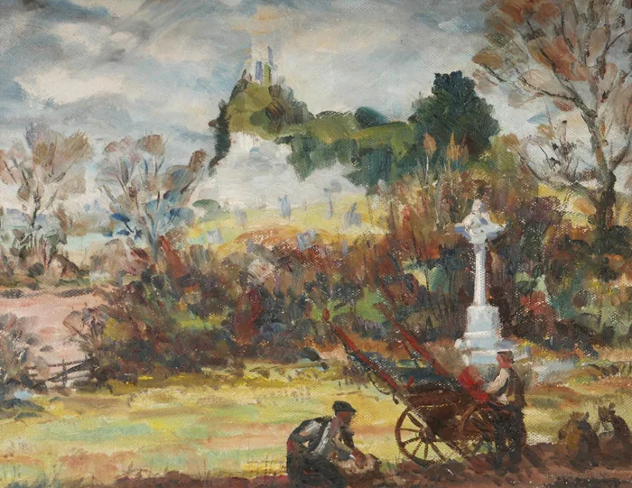 FIGURES AND CART BY A ROADSIDE by Fergus O'Ryan, oil on board, offered Oct 2016