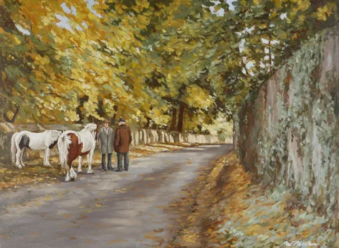 Pat Phelan, GENTLEMEN AND HORSES ON A BEND IN THE ROAD, oil on canvas