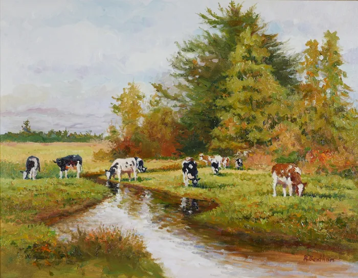 COWS BY THE STREAM by Rick Bentham, oil on board, offered Oct 2016