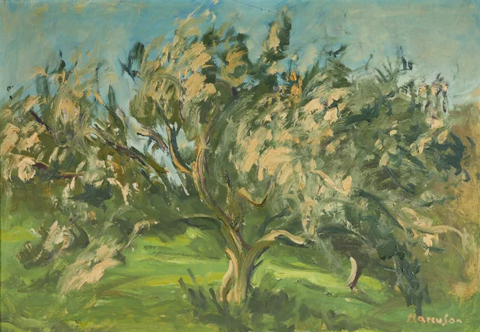 OLIVES, KFAR HANASSI, ISRAEL by Lawrence Marcuson, oil on board, offered Oct 2016
