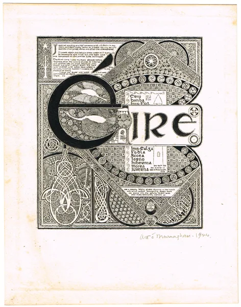 Art O'Murnaghan, THE EIRE PAGE OR SAINT BRIGID'S DREAM, 1922, engraving; (1); illustrated manuscript letter; (1)