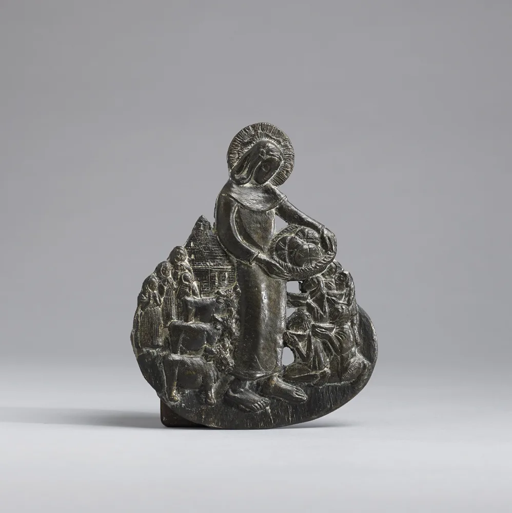 SAINT BRIGID FEEDING THE POOR by Imogen Stuart, c.1970, cast iron relief plaque, sold Sep 2016