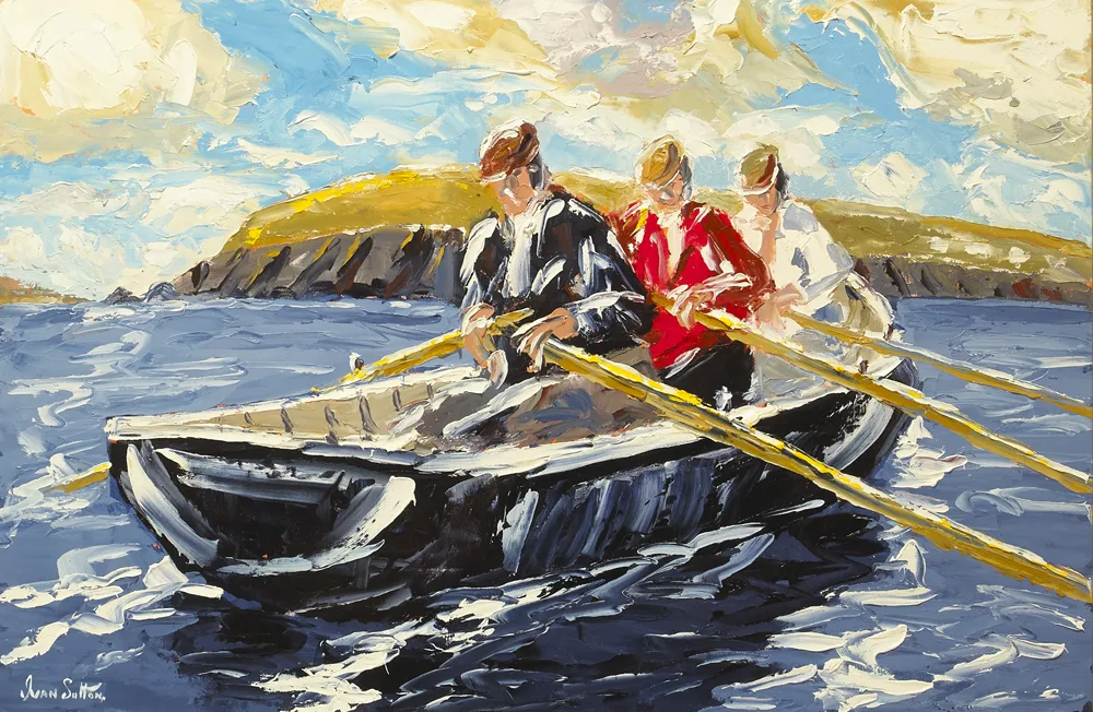 CURRACH MEN, SLEA HEAD, COUNTY KERRY by Ivan Sutton, oil on board, sold Sep 2016