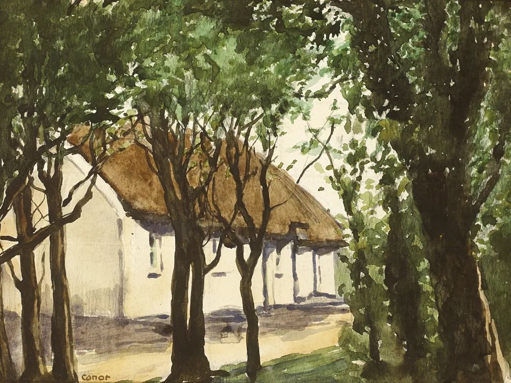 COTTAGE AND TREES by William Conor, watercolour, offered Sep 2016