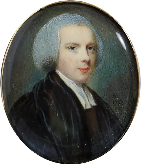 Nathaniel Hone, PORTRAIT OF A CLERGYMAN, 1751, enamel; (framed in a gold oval pendant)