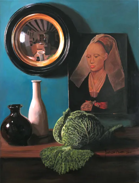 Patrick Marsh, STILL LIFE WITH PORTRAIT BY VAN EYCK, oil on canvas