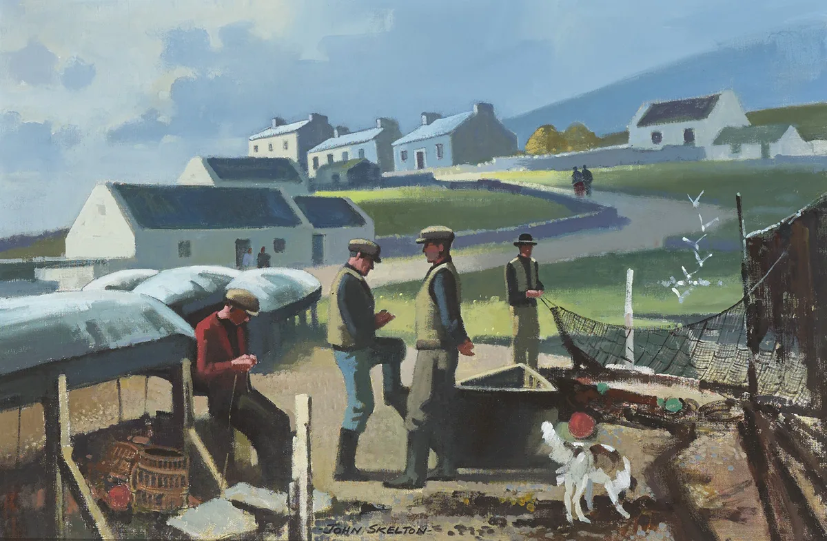FISHERMEN MENDING NETS by John Skelton, oil on canvas, sold Feb 2016