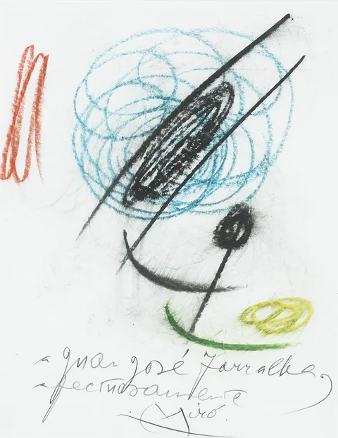 Joan Miró, SIN TÍTULO [UNTITLED], 1973, wax crayon on reverse of exhibition card