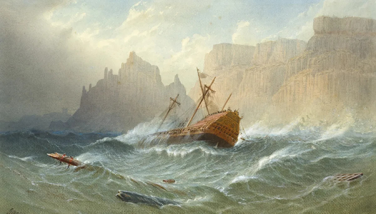 Anthony Carey Stannus, SHIP FOUNDERING OFF THE GIANT'S CAUSEWAY, COUNTY ANTRIM, watercolour
