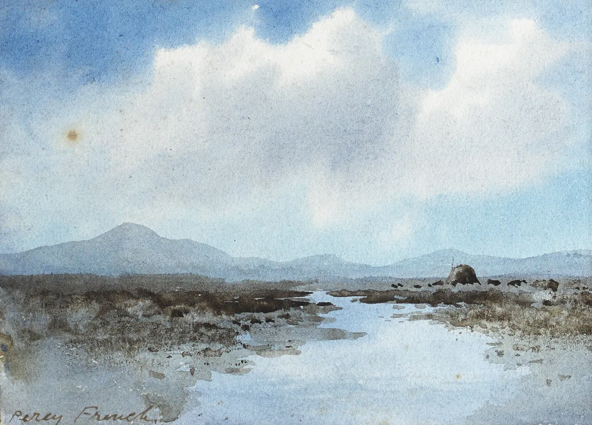 BOG LAKE WITH TURF STACK by William Percy French, watercolour, offered Feb 2016