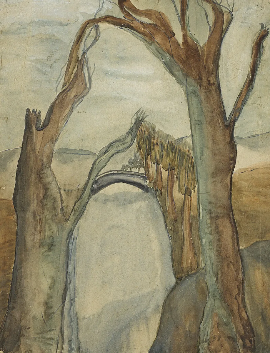 RIVER, BRIDGE AND TREES by Christy Brown, 1959, watercolour, sold Feb 2016