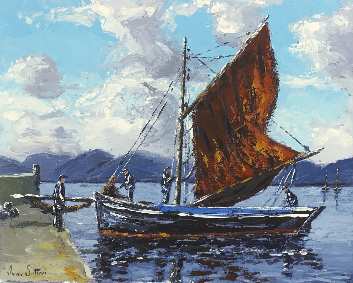GALWAY HOOKER BERTHING AT CARRAROE PIER, COUNTY GALWAY by Ivan Sutton, oil on board, sold Feb 2016