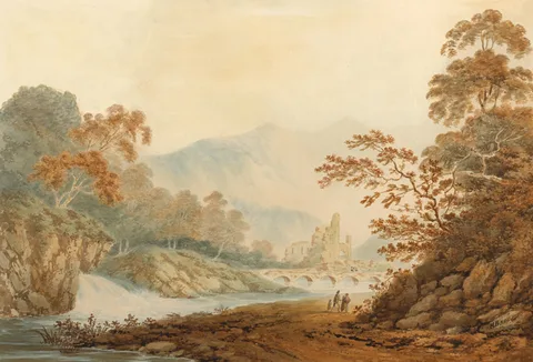 LANDSCAPE WITH FIGURES, RUINS AND BRIDGE by Henry Brocas Senior, watercolour and gouache, sold Nov 2015