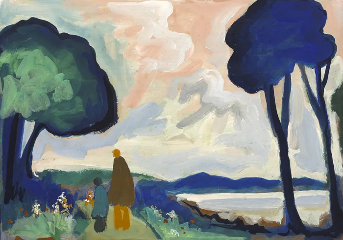 TWO FIGURES ON A FLOWER LINED PATH by Markey Robinson, oil on board, sold Nov 2015
