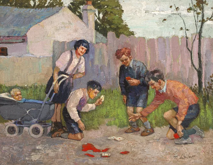 CHILDREN PLAYING CARDS by Tom Lalor, oil on board, sold Nov 2015