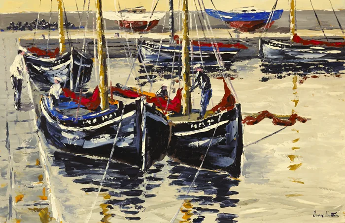GALWAY HOOKERS BERTHED AT KINVARA PIER, COUNTY GALWAY by Ivan Sutton, oil on canvas board, offered Nov 2015