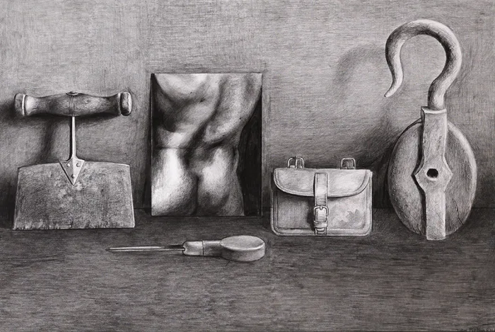 TOOLS AND TORSO II by Liam Belton, charcoal on paper, sold Nov 2015