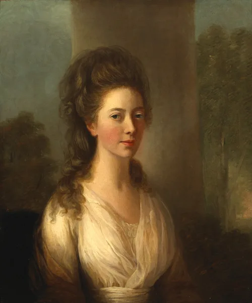 Thomas Hickey, PORTRAIT OF MARY WATHEN BY A COLUMN IN A WOODED LANDSCAPE, oil on canvas