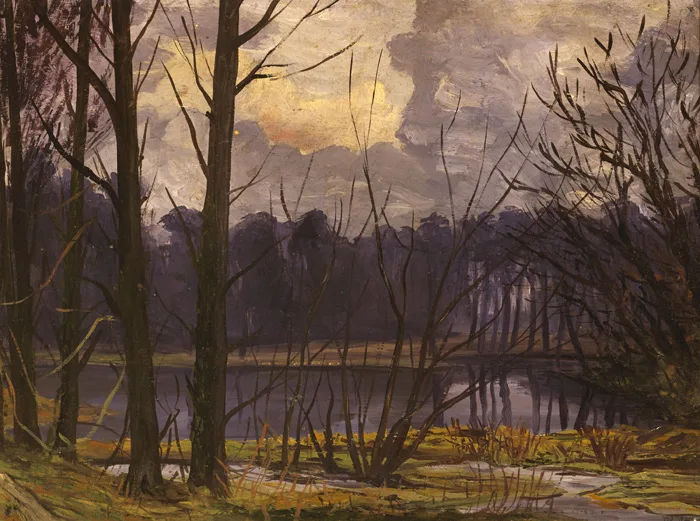 TREES BY WATER by Hans Iten, oil on board, sold Sep 2015