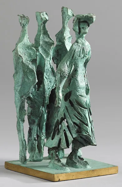 John Behan, FOUR FIGURES, bronze with green patina on bronze base; (unique)