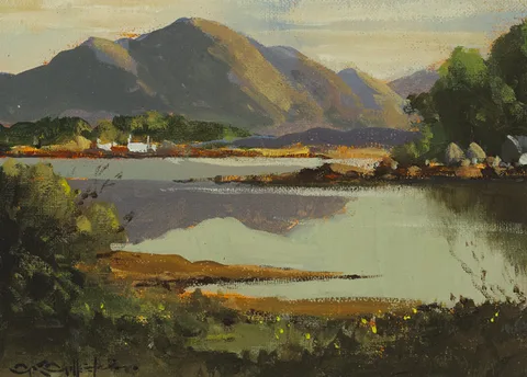 COTTAGES BY A LAKE WITH MOUNTAINS IN THE DISTANCE by George K. Gillespie, oil on canvas board, offered Sep 2015