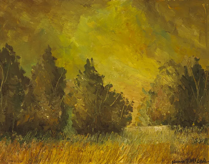 GOLDEN TREES by Norman J. McCaig, oil on board, offered Sep 2015