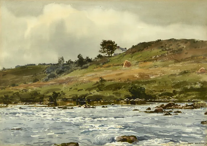 RIVER WITH COTTAGE IN THE DISTANCE by Frank Egginton, watercolour, sold Sep 2015
