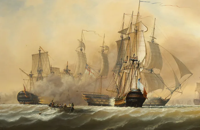 SCENES FROM THE BATTLE OF TRAFALGAR (A PAIR) by Tim Thompson British, oil on canvas; (2), sold Sep 2015