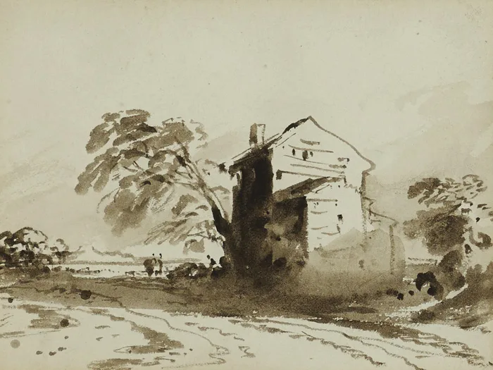 John Varley, BUILDINGS IN A LANDSCAPE, sepia wash