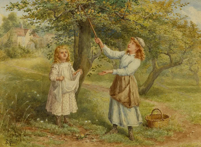 PICKING APPLES by Samuel McCloy, watercolour, sold Sep 2015