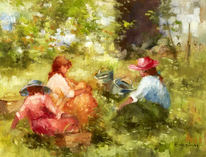 THE TIRED GARDENERS by Elizabeth Brophy, oil on board, offered Sep 2015