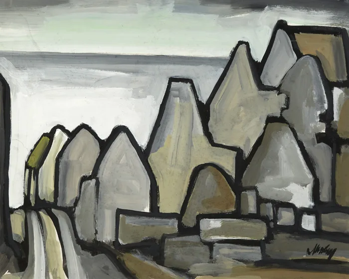 GREY GABLES by Markey Robinson, gouache on card, offered Sep 2015