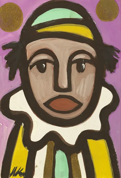 CLOWN by Markey Robinson, gouache and gold paint, sold Sep 2015