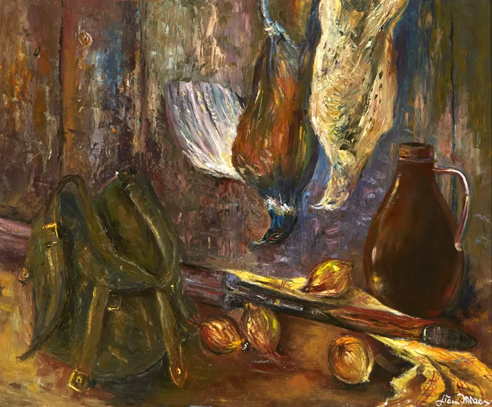 STILL LIFE WITH GAME, SATCHEL AND JUG by Liam Treacy, oil on board, offered Sep 2015