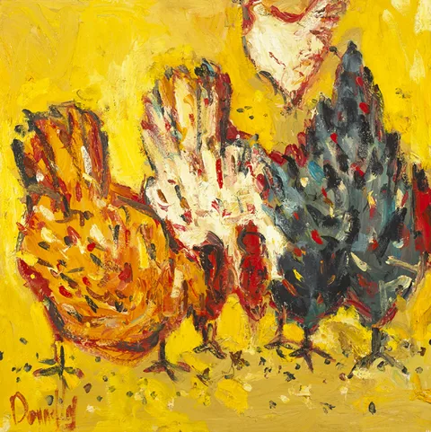 Deborah Donnelly, FOUR HENS, oil on canvas