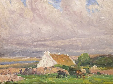 Charles Vincent Lamb, COTTAGE WITH CATTLE and WEST OF IRELAND LANDSCAPE NEAR CARRAROE (A PAIR), oil on board
